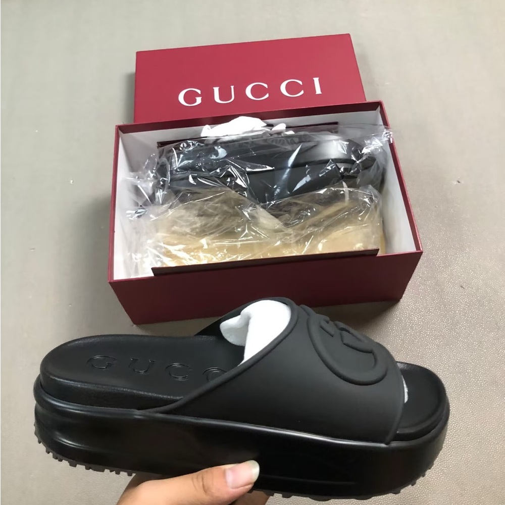 Gucci Black Embossed Logo Slides